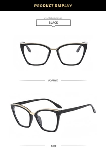 Front and side view of black cat-eye optical frames with golden metal top trim