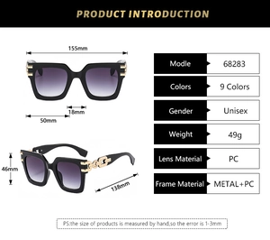 Detailed size specifications and parameters for square frame chain link sunglasses