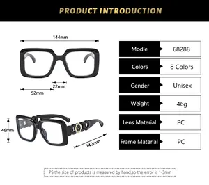 Detaillierte Größentabelle der Oversize-Viereckbrille mit 144mm Breite und PC-Material