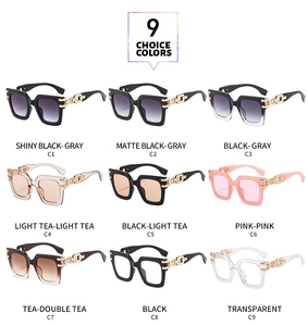 Detailed grid of oversized square sunglasses featuring stylish golden chain temples