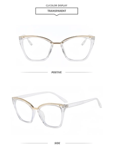 Front and side views of transparent cat-eye glasses frames with gold metal details