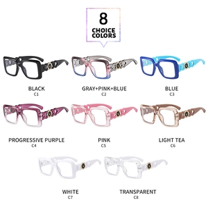 Detailraster der übergroßen quadratischen Brille in acht modernen Farbvarianten