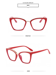 Macro detail of red cat-eye optical frame with elegant gold metal top inlay accents