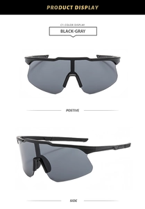 Vues de face et de côté de lunettes de sport noires avec verres gris foncé et branches