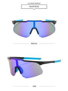 Détails des lunettes de cyclisme noir et bleu avec verres dégradés violet-bleu