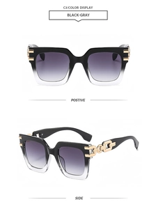Detailed views of square oversized sunglasses with black gradient frames and gold chain temples