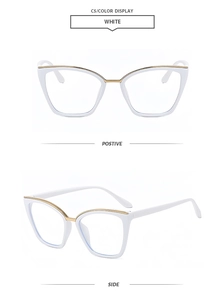 Detail of white cat-eye glasses frame with golden metal bridge in front and side views