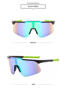 Détail de lunettes de soleil de sport avec monture noire et branches vert néon