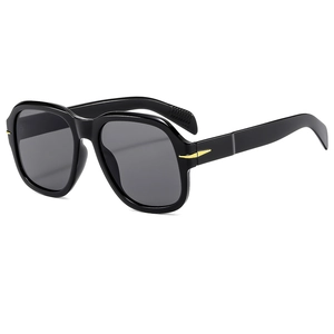 Modern vintage square oversized black sunglasses with gold arrow detail at 45-degree angle