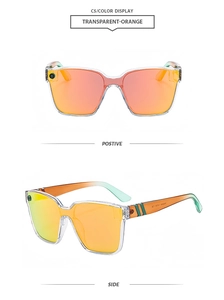 Detailed front and side views of oversized transparent orange square sunglasses with gradient lenses