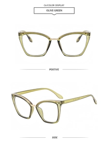 Front and side views of olive green cat-eye frames with stylish gold metal nose bridge