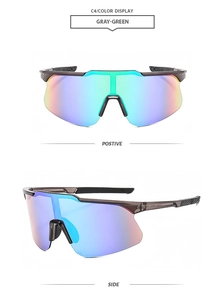 Détail de lunettes de soleil de cyclisme irisées avec monture gris-vert et branches