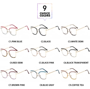 Detailed grid of cat-eye glasses frames showing nine diverse two-tone color options