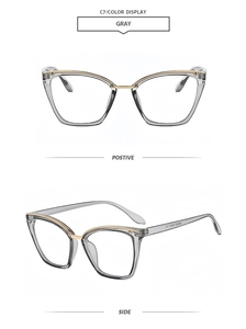 Detail of gray cat-eye glasses frame with gold metal accents in front and side views