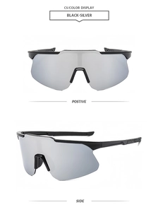 Détail de lunettes de cyclisme noir et argent avec des branches texturées antidérapantes