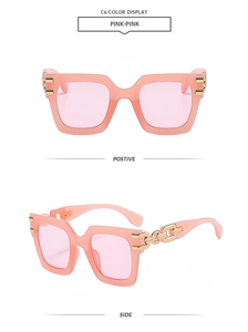 Pink oversized square sunglasses with gold chain temples in front and side views