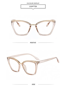 Detail view of cat-eye light tea frames showing positive and side profile dimensions