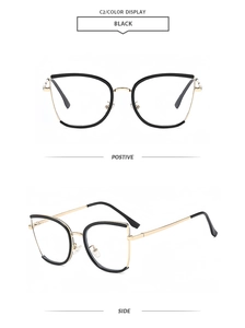 Detailed views of black and gold cat-eye glasses frame with metal nose pads and temples