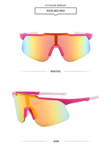 Détails de lunettes cyclisme roses avec verres arc-en-ciel vues de face et de profil