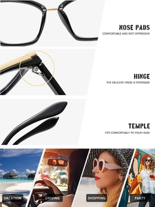 Detailed macro view of black cat-eye glasses frame with gold bridge and reinforced hinges