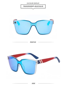 Front and side views of large square sunglasses with blue lenses and US flag pattern