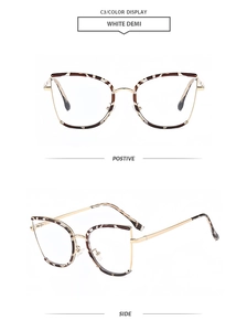 Front and side view of cat eye glasses in white demi pattern and gold metal arms