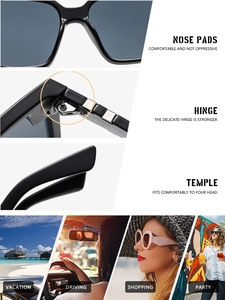Detail view of integrated nose pads and hinges on trendy black oversized sunglasses