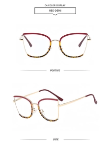 Front and side view of cat-eye glasses with red and tortoise shell frame and gold temples