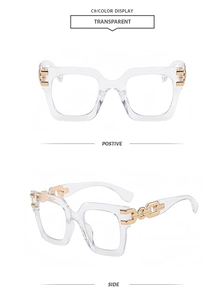 Detail view of transparent square frames featuring golden chain accents on the temples