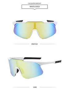 Lunettes de cyclisme blanc-or avec vues de face et de côté de la monture de sport