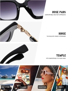 Detail of square sunglasses showing integrated nose pads and durable metal hinges