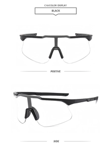 Vue avant et latérale de lunettes de cyclisme noires avec verres clairs coupe-vent