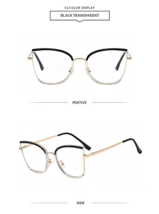 Detail view of cat eye metal frame with black browline and soft silicone nose pads