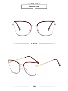 Front and side views of brown and pink cat-eye glasses frames with gold metal temples