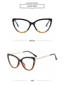 Detailed view of cat-eye glasses frame in black and demi finish with slim metal temples