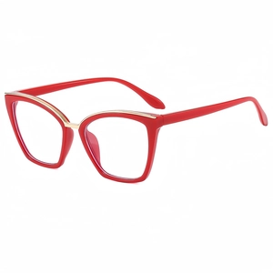 Classic red cat eye glasses frame with gold metal trim and anti-blue light clear lenses
