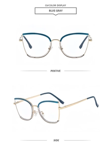 Detail view of cat-eye glasses frame in blue gray and gold with front and side perspectives