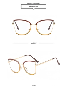 Detailed front and side views of stylish cat-eye coffee tea and gold metal spectacles