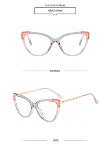 Detail of cat-eye glasses frame in gray-pink gradient with slim golden metal temples