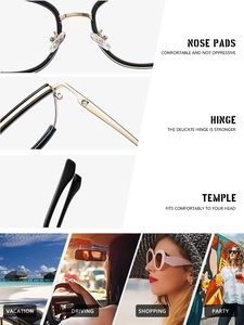 Detail view of reinforced hinges, soft nose pads and ergonomic temples of cat-eye glasses