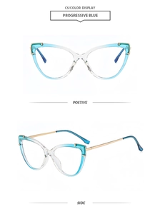 Front and side views of cat eye glasses frames in progressive blue and white