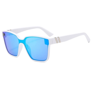 Fashionable oversized white sunglasses with blue mirrored lenses and silver metal accents