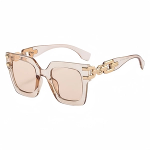 Square oversized sunglasses with champagne frames and gold chain link temples for women