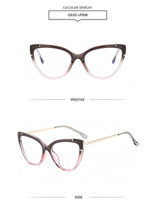 Detailed views of cat-eye glasses frame with grey-pink gradient and gold metal temples