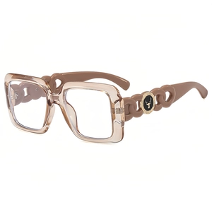 Moderne quadratische Brille in Champagner mit durchbrochenen Kettendetails und Hirschlogos