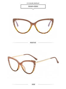 Detailed view of khaki and demi cat-eye glasses frames with slim gold metal temples