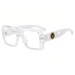 Moderne quadratische Brille in Transparent mit weißen Kettendesign-Bügeln und Goldakzenten