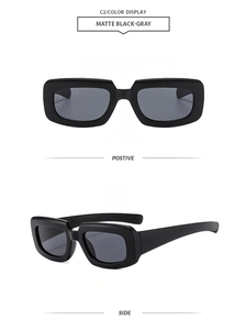 Front and side view of matte black rectangular punk sunglasses with gray lenses