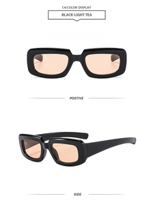 Front and side view of retro rectangular thick frame sunglasses in black and light tea