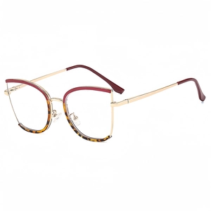 Stylish cat-eye glasses frame with gold metal and burgundy accents in tortoiseshell finish